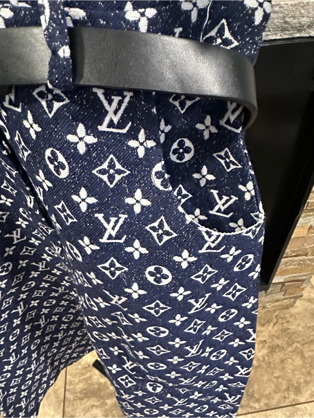Navy and White Monogram Button-Up Jacket with Black Pockets size S - Picture 4 of 5